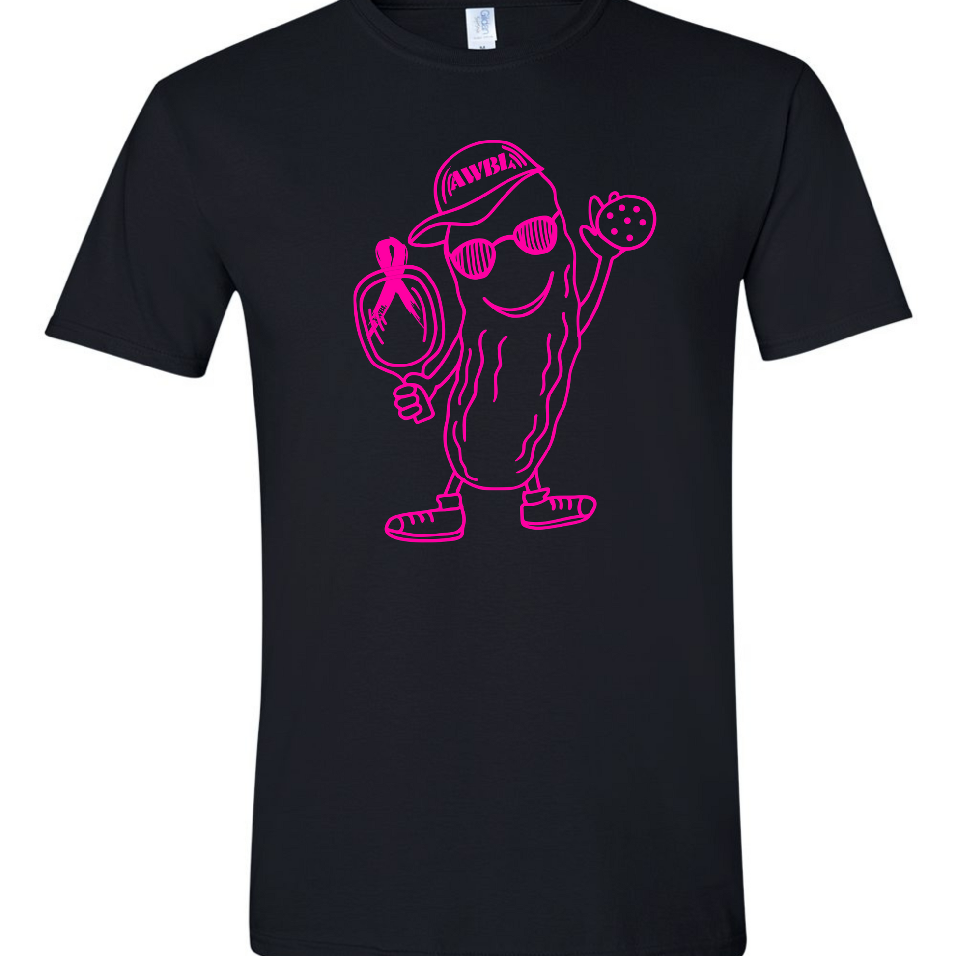 a black t - shirt with a pink graphic of a person wearing sunglasses and holding