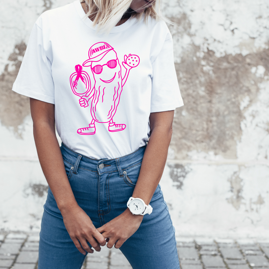 a woman wearing a t - shirt with a cartoon character on it