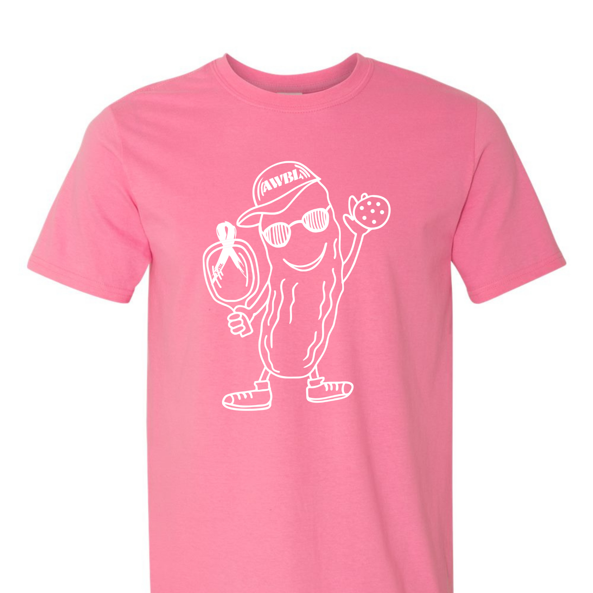 a pink t - shirt with an image of a person wearing a hat and holding