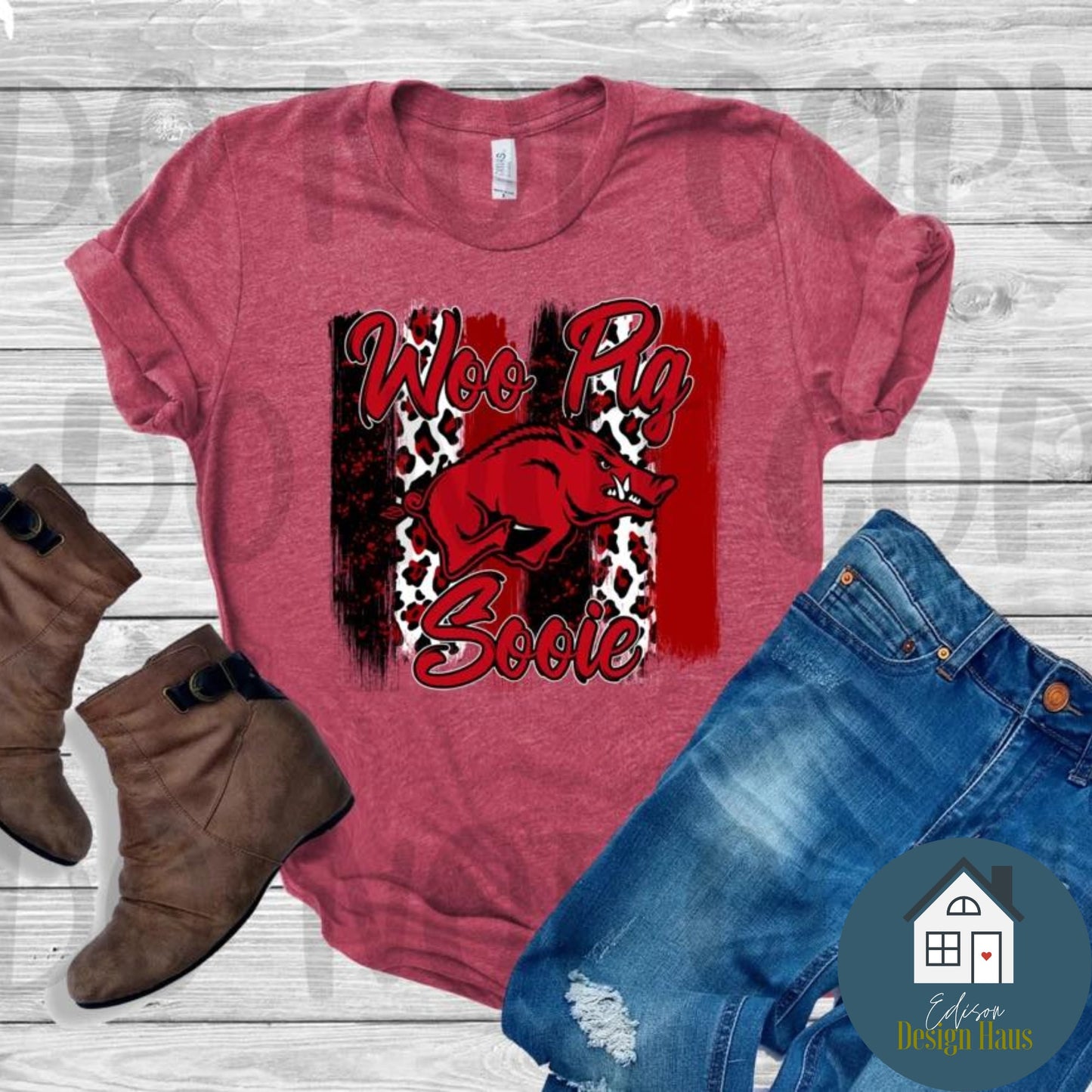 Heather Red t-shirt with razorback and woo pig sooie text